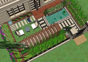 别墅庭院花园景观设计SU(草图大师)模型景墙喷水景观sketchup 院子现代简洁