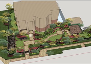 欧式别墅庭院景观设计SU(草图大师)模型花园院子sketchup后院