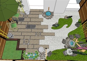日式禅意风格庭院花园景观设计SU(草图大师)模型石头水景院门竹围墙sketchup