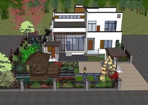 新中式风格别墅建筑SU(草图大师)模型+CAD图纸