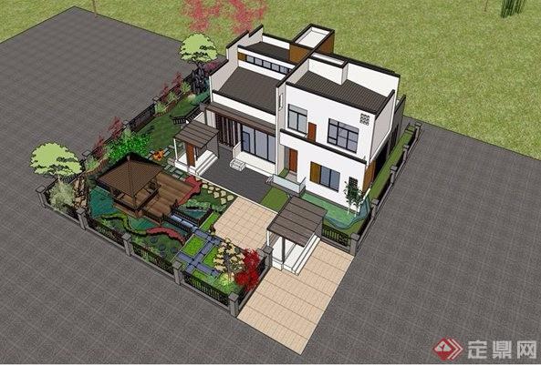 新中式风格别墅建筑su模型+CAD图纸