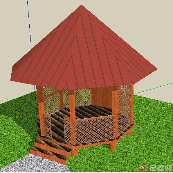 中式木制八角景观亭设计su模型