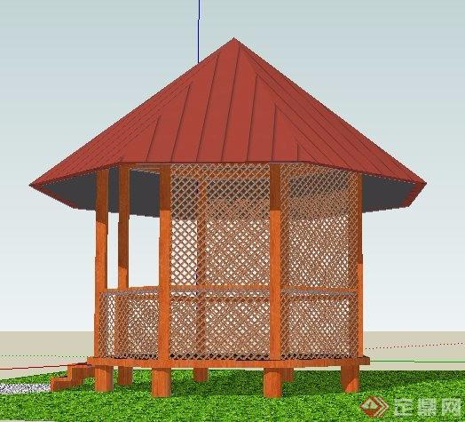 中式木制八角景观亭设计su模型
