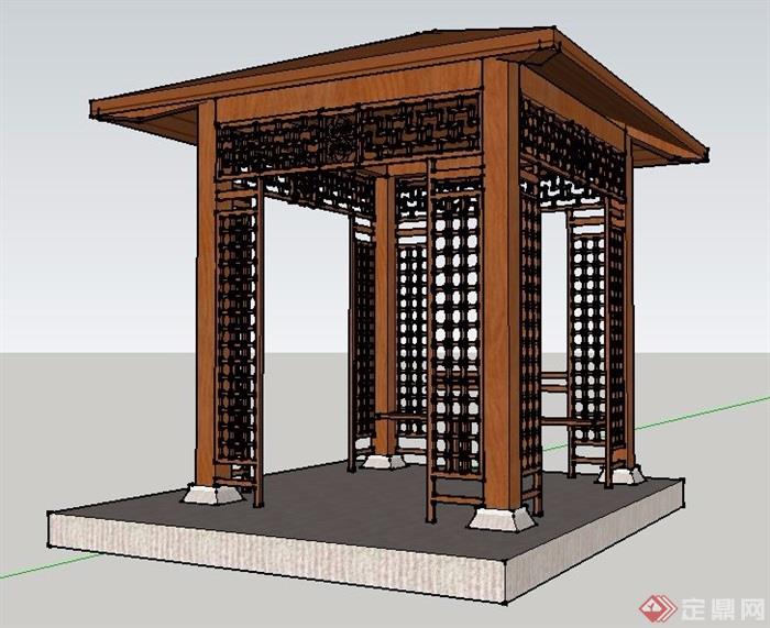 中式木制四角景观亭设计su模型