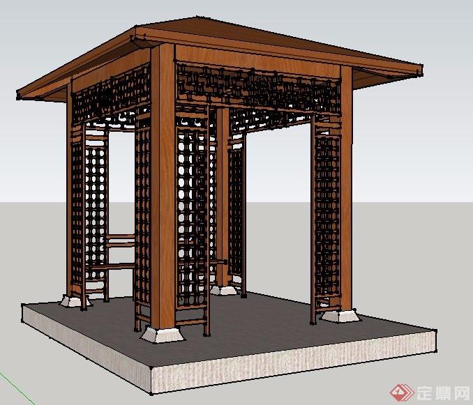 中式木制四角景观亭设计su模型
