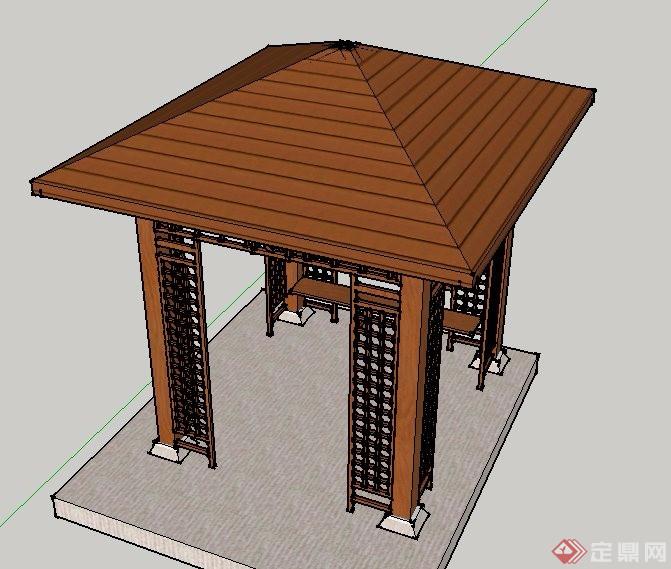 中式木制四角景观亭设计su模型