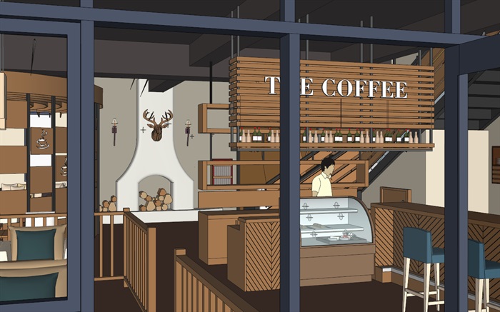 现代欧式经典木材暖色调两层咖啡馆室内设计(3)