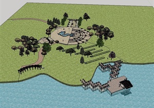 完整的滨水景观中心场景设计SU(草图大师)模型