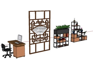 办公桌及铁艺花架设计SU(草图大师)模型