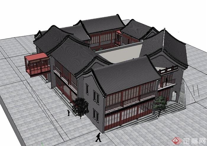 中式四合院式院落建筑设计su模型