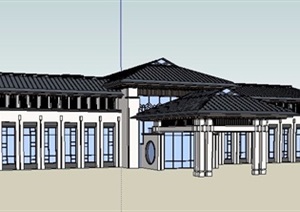 新中式单层酒店建筑设计SU(草图大师)模型