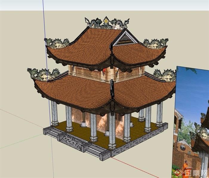 古典中式风格两层寺庙建筑su模型