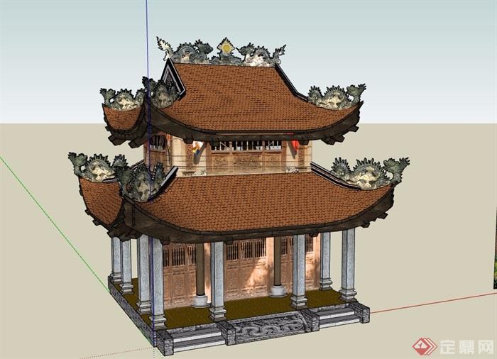 古典中式风格两层寺庙建筑su模型