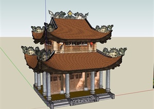 古典中式风格两层寺庙建筑SU(草图大师)模型
