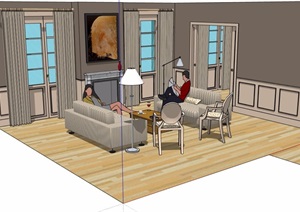 现代风格详细住宅室内客厅设计SU(草图大师)模型