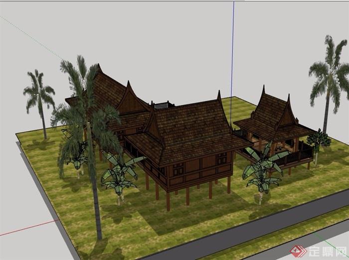 东南亚风格民居多层住宅楼设计su模型