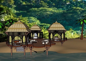 东南亚风格三个休闲亭设计SU(草图大师)模型