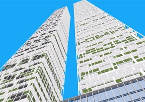 双塔办公大厦建筑楼设计SU(草图大师)模型
