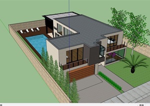 两层住宅私人别墅设计SU(草图大师)模型含室内