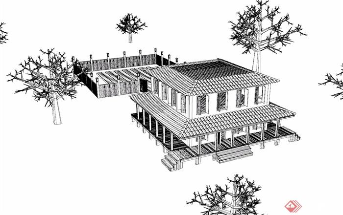 中式民居无材质贴图住宅建筑su模型