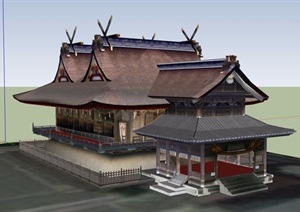日式风格详细完整的寺庙设计SU(草图大师)模型