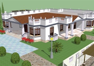 欧式风格住宅私人别墅建筑设计SU(草图大师)模型及庭院景观