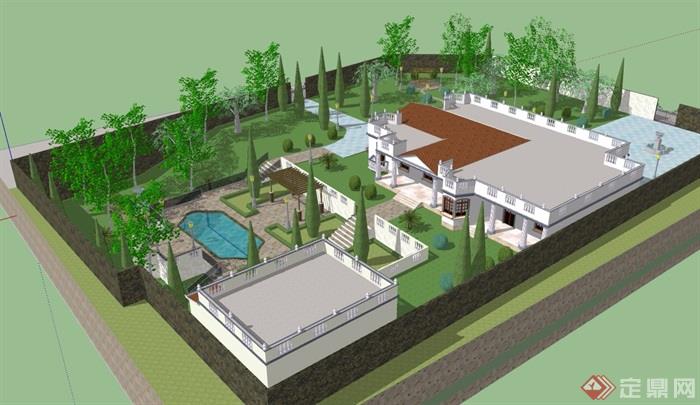 欧式风格住宅私人别墅建筑设计su模型及庭院景观