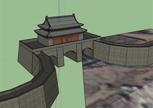 古典中式风格详细的城门建筑SU(草图大师)模型