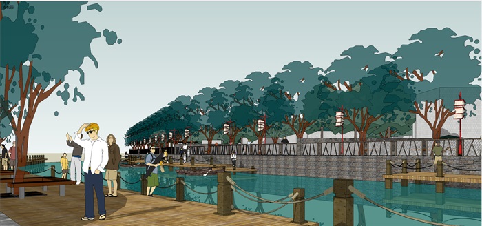 某中式护城河公园景观设计su精细模型