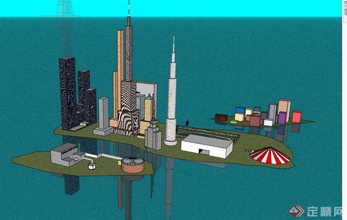 现代水上城市综合建筑su模型