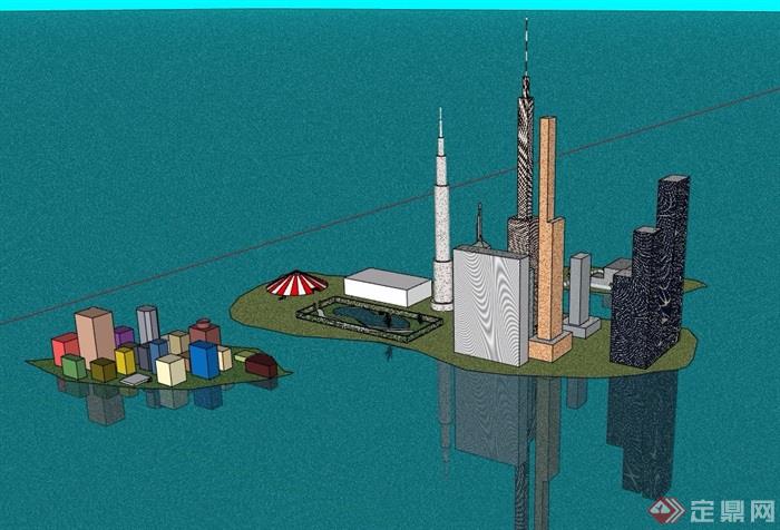 现代水上城市综合建筑su模型