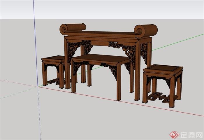 古典中式木质桌凳设计su模型