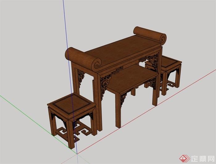 古典中式木质桌凳设计su模型