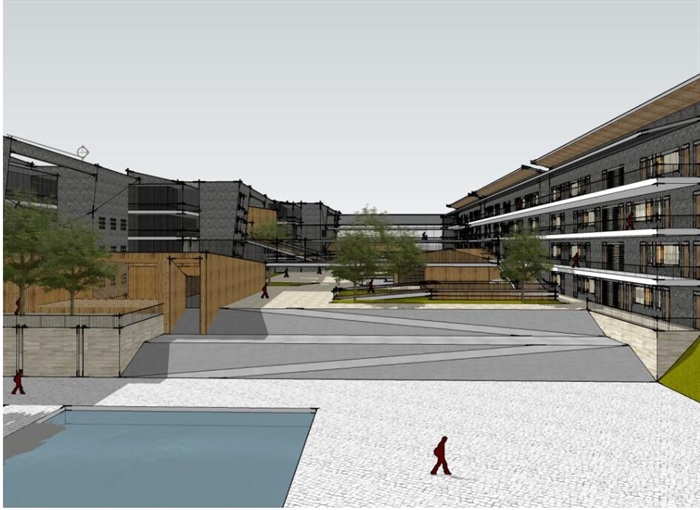 坡地高差中式禅意园林式开放交互立体交通空间校园规划砖瓦竹石材料教学楼设计(7)