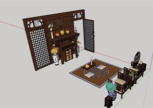 中式风格详细的室内客厅家具素材SU(草图大师)模型