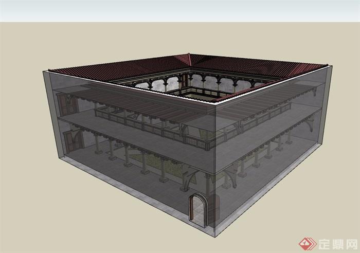 欧式风格合院建筑素材设计su模型