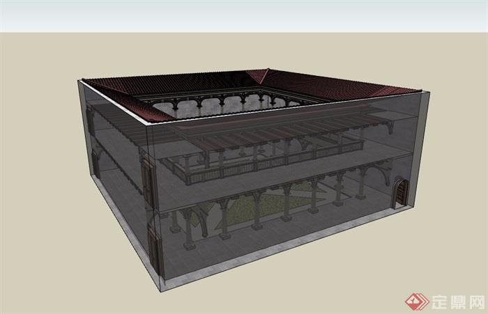 欧式风格合院建筑素材设计su模型