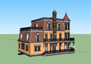 美式风格详细的住宅别墅设计SU(草图大师)模型