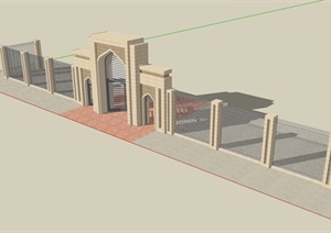 现代风格铁栏杆围墙大门SU(草图大师)模型