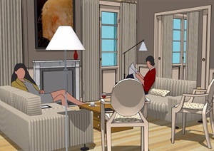 现代风格室内住宅室内客厅空间SU(草图大师)模型