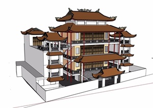 古典中式风格详细多层酒店建筑设计SU(草图大师)模型