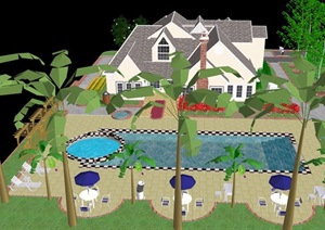 英式风格详细完整的住宅别墅SU(草图大师)模型含庭院景观