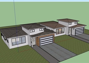 美式风格单层住宅别墅建筑SU(草图大师)模型