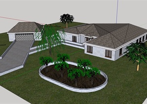 美式风格详细单层住宅别墅设计SU(草图大师)模型