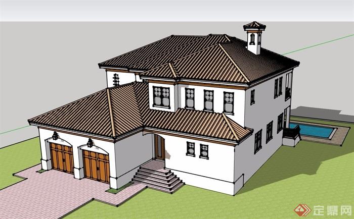 欧式风格独栋住宅详细别墅景石su模型
