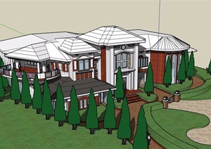 美式风格详细经典完整的住宅别墅设计SU(草图大师)模型