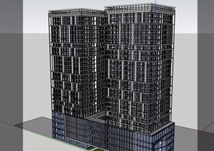 现代风格详细的两栋办公大厦设计SU(草图大师)模型