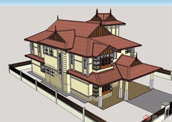东南亚风格详细的得当多层别墅su模型