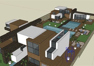 现代创意混凝土木材穿插式水景庭院私人住宅别墅设计
