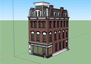 欧式风格多层街边详细的餐饮建筑SU(草图大师)模型